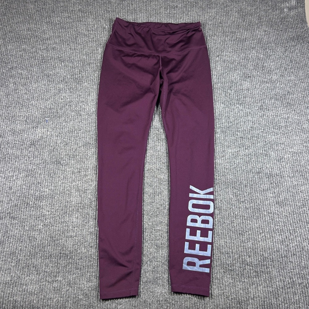 Reebok Leggings Womens M Purple Graphic Logo Activewear Yoga Pants Athletic